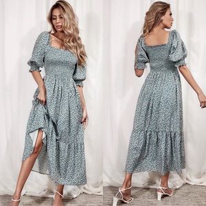 Boho floral ruffle hem shirred dress